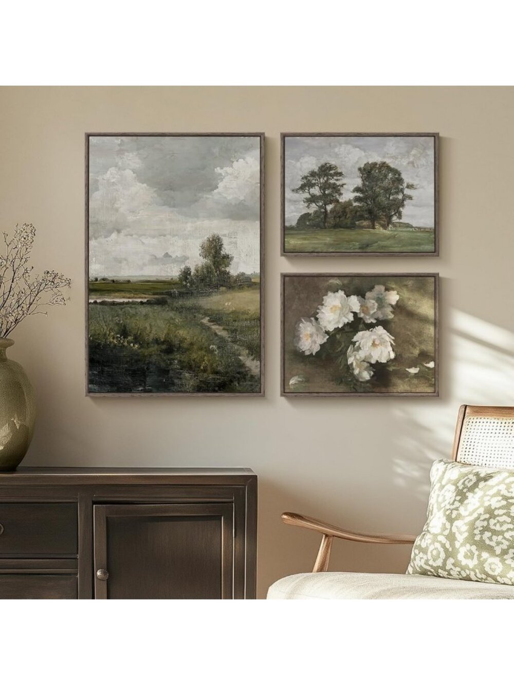 Large Vintage Landscape Canvas Wall Art Set - 3 Piece Framed Decor for Living